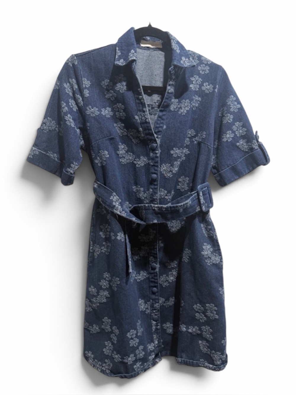 Solitaire Size 6/8 Blue Denim Floral Belted Shirt Dress Short Sleeve